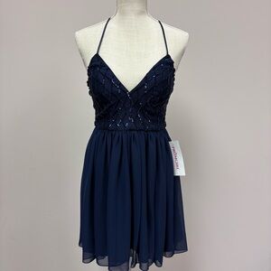 PromGirl Navy Blue Sequin Trellis Chiffon Cocktail Dress Size M Style 2800